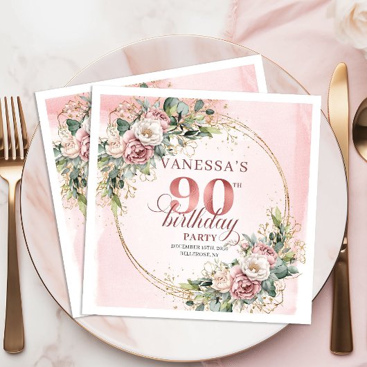 Chic Dusty Pink Rose Gold Boho 90th Birthday Party Serviette