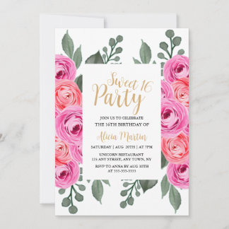 Chic Dusty Pink Rose Greenery Gold Sweet 16 Party Einladung
