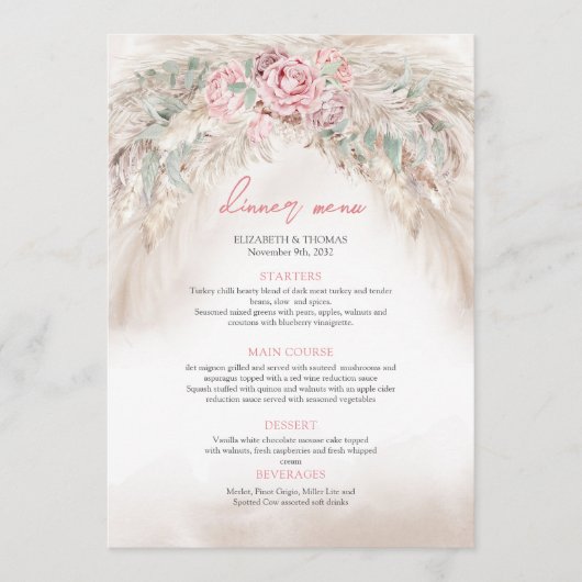 Chic dusty rosa Roses Salbei grün Pampas Menü Menükarte (Vorderseite)