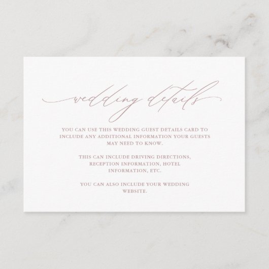 Chic Dusty Rose Calligraphy Wedding Guest Details Begleitkarte (Vorderseite)