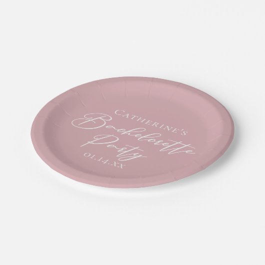 Chic Dusty Rose Pink Bachelorette Party Custom Pappteller (Schrägansicht)
