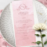 Chic Dusty Rose Watercolor, Monogram Wedding Menu Menükarte<br><div class="desc">Freuen Sie sich auf dieses wunderschöne Hochzeitsmenü in Aquarellfarben, das mit einem handgezeichneten botanischen Monogramm mit Paarinitialen über einen exquisiten Aquarellspülhintergrund in einer wunderschönen Mischung aus staubiger Rose und rot-rosa Farbtönen besticht. Einfach Vorlage mit Ihren Details und Menü ausfüllen und die Drucke bestellen! Teil unserer Kollektion "Dusty Rose Watercolor Botanical...</div>