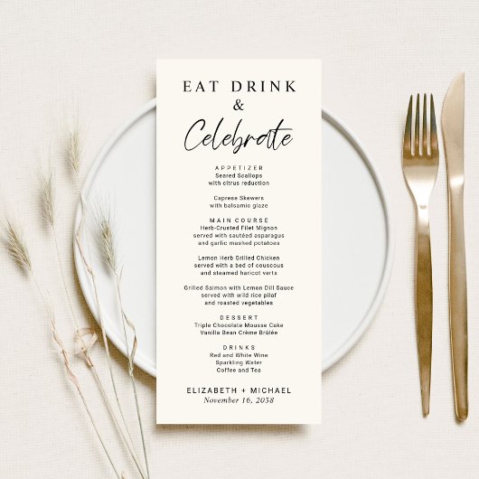 Chic Eat Drink Celebrate Cream Wedding Menükarte