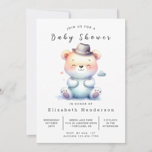 Chic Editable Bear Baby Dusche Einladung (Vorderseite)