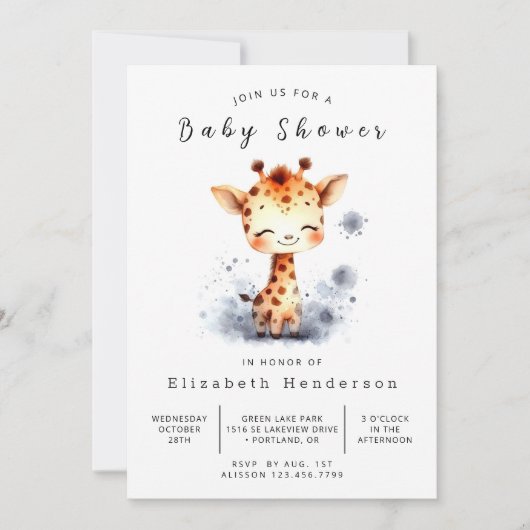 Chic Editable Giraffe Baby Dusche Einladung (Vorderseite)