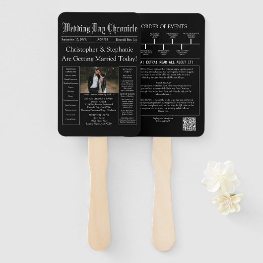 Chic Editable Newspaper Wedding Program QR Code Fächer (Vorne und Hinten)