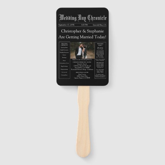 Chic Editable Newspaper Wedding Program QR Code Fächer (Vorderseite)