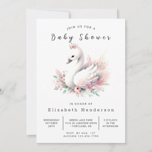 Chic Editable Swan Baby Dusche Einladung (Vorderseite)