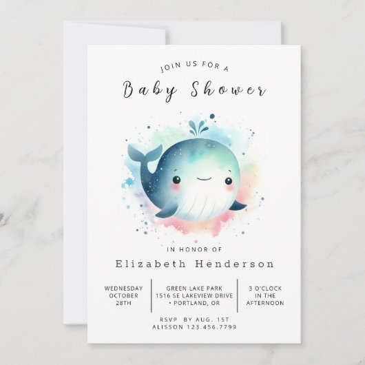 Chic Editable Whale Baby Dusche Einladung (Vorderseite)