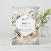 Chic Editable White Roses Wedding Save The Date (Stehend Vorderseite)
