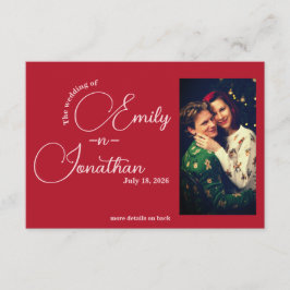 Chic Editorial Deep Red One Photo QR Code Wedding Begleitkarte