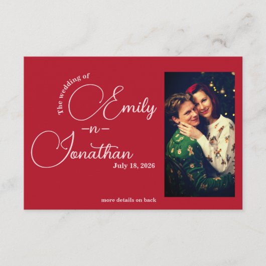 Chic Editorial Deep Red One Photo QR Code Wedding Begleitkarte (Vorderseite)