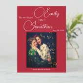 Chic Editorial Deep Red One Photo Wedding Einladung (Stehend Vorderseite)