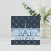 Chic Eiffel Tower Blue Baby Dusche Einladung (Stehend Vorderseite)