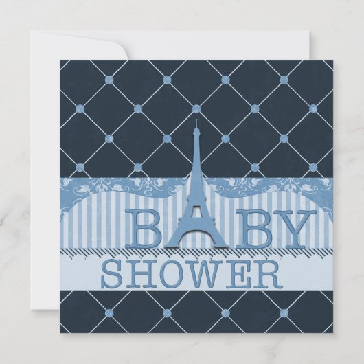 Chic Eiffel Tower Blue Baby Dusche Einladung (Vorderseite)