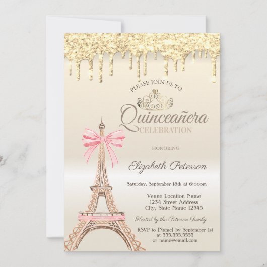 Chic Eiffel Tower Bow Drips Gold Quinceañera  Einladung (Vorderseite)