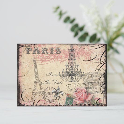 Chic Eiffel Tower & Chandelier Save the Date (Stehend Vorderseite)