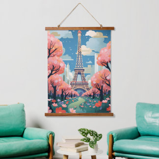 Chic Eiffel Tower Modern Paris Floral Charm Wandteppich Mit Holzrahmen