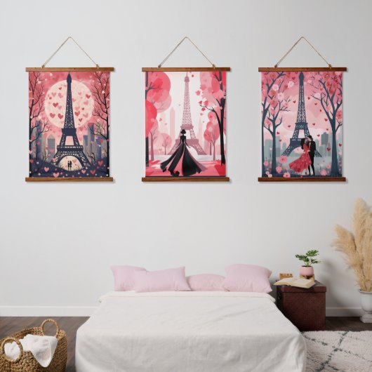 Chic Eiffel Tower Modern Paris Vollmond Herz Wandteppich Mit Holzrahmen (Schlafzimmer)
