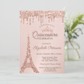 Chic Eiffel Tower, Rose Gold Tropfen Quinceañera Einladung (Stehend Vorderseite)