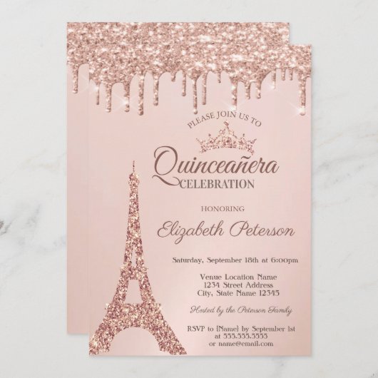 Chic Eiffel Tower, Rose Gold Tropfen Quinceañera Einladung (Vorne/Hinten)