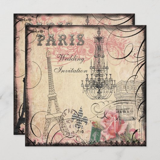 Chic Eiffelturm & Chandelier Hochzeit Einladung (Vorne/Hinten)