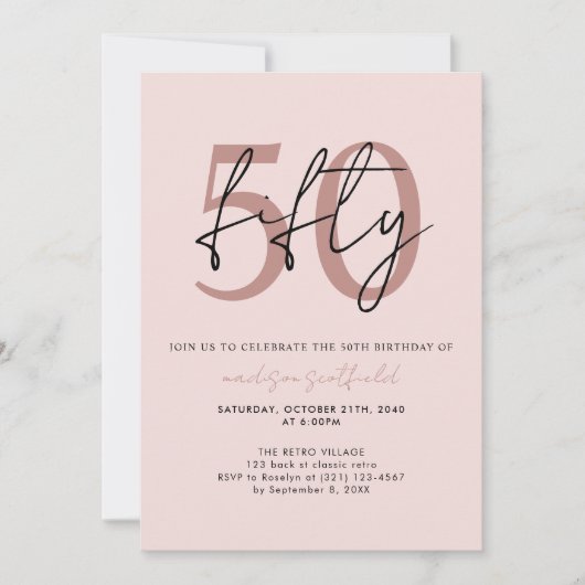 Chic Einfache Minimalistische Rose Pink 50. Geburt Einladung (Vorderseite)