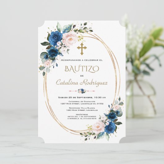 Chic Einladung De Bautizo Gold Con Flores Taufe (Stehend Vorderseite)