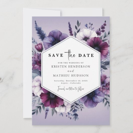 Chic Einzigartige Lila Blumenhochzeit Save The Date (Vorderseite)