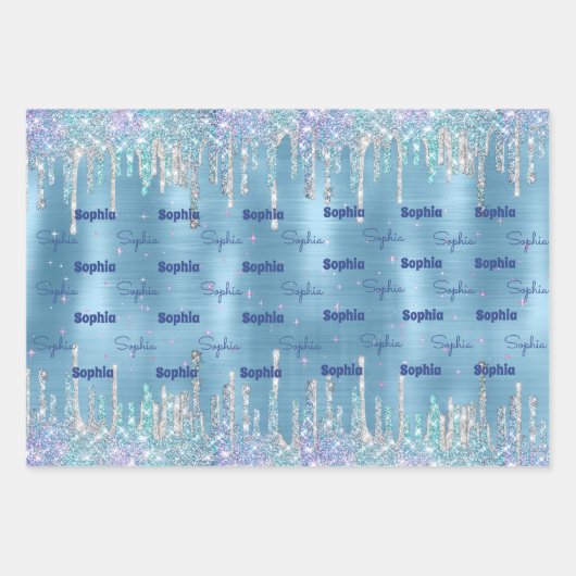 Chic Eis blue aqua dripping Glitzer Geschenkpapier Set (Vorderseite 3)