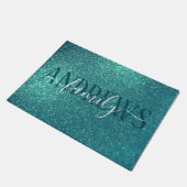 Chic Elegant Aquamarin Blue Funkelnd Glitzer Monog Fußmatte (Schrägansicht)