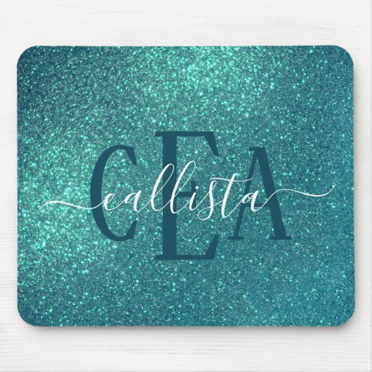 Chic Elegant Aquamarin Blue Funkelnd Glitzer Monog Mousepad (Vorne)