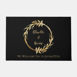 Chic Elegant Black Gold Foliage Wreath Monogramm Fußmatte