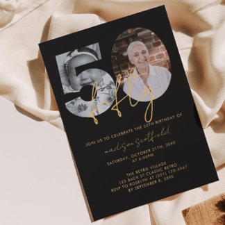 Chic Elegant Black Gold Foto Script 50. Geburtstag Einladung