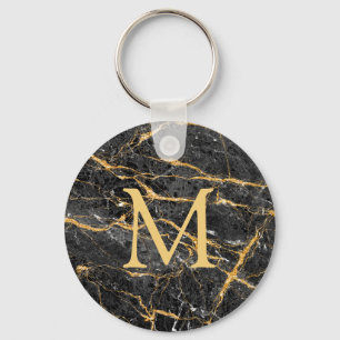 Chic Elegant Black Gold Marmor Monogram Schlüsselanhänger