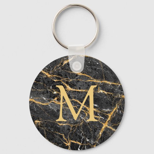 Chic Elegant Black Gold Marmor Monogram Schlüsselanhänger (Vorderseite)