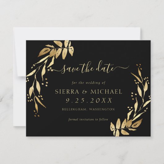 Chic Elegant Black Golden Foliage Save the Date Einladung (Vorderseite)