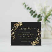 Chic Elegant Black Golden Foliage Save the Date Einladung (Stehend Vorderseite)