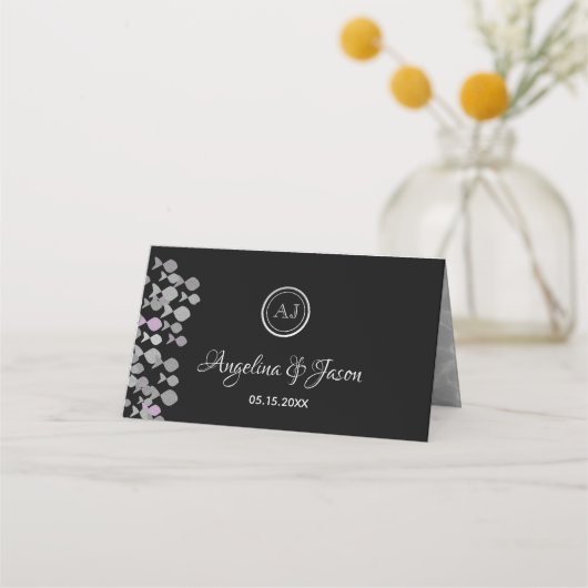 Chic Elegant Black & Silver Ocean Themed Wedding Platzkarte (Rückseite)