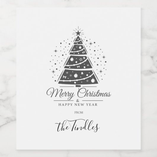 Chic Elegant Black White Script Christmas Tree Weinetikett (Einzelnes Label)
