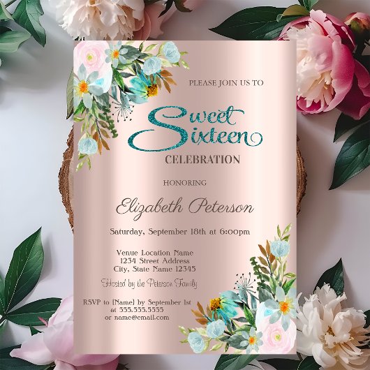 Chic Elegant Blume Rose Gold Sweet 16 Einladung