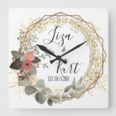 Chic Elegant Blumenkranz Hochzeit       Quadratische Wanduhr (Vorderseite)