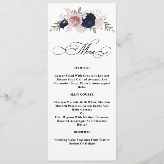 Chic Elegant Blush Navy Blue Wedding Menu Menükarte (Vorderseite)