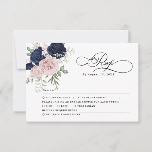 Chic Elegant Blush Navy Blue Wedding RSVP Karte (Vorderseite)