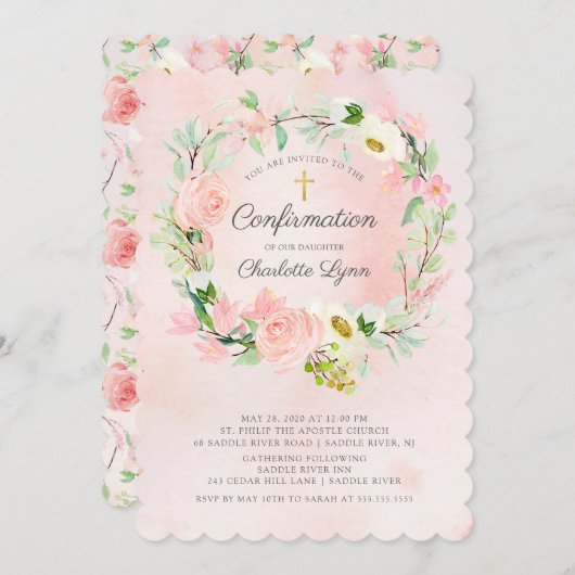 Chic & Elegant Blush Pink Floral Bestätigung Einladung (Vorne/Hinten)