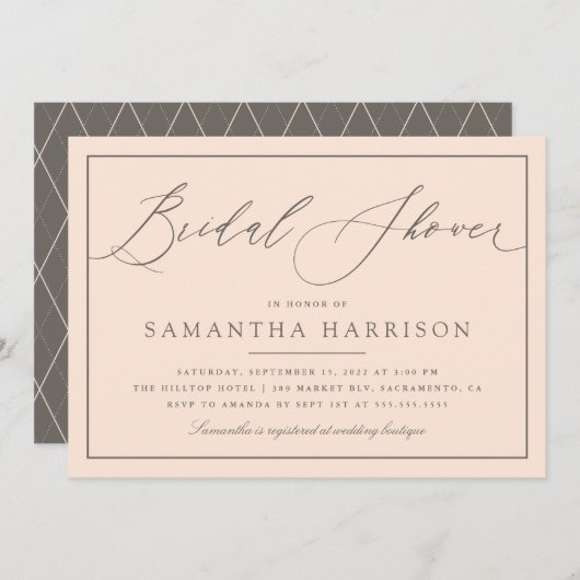 Chic Elegant Blush Pink & Greige Brautparty Einladung (Vorne/Hinten)
