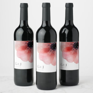 Chic Elegant Blush Poppy Monogram Wedding Weinetikett
