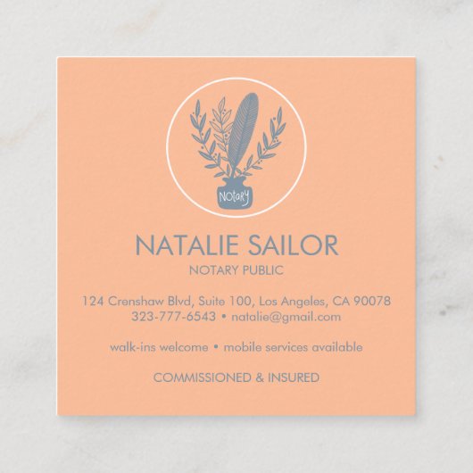 Chic Elegant Botanical Quill Logo Notary Public Quadratische Visitenkarte (Rückseite)
