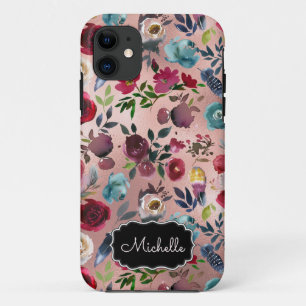 Chic Elegant Burgund Pink Navy Floral Name Case-Mate iPhone Hülle