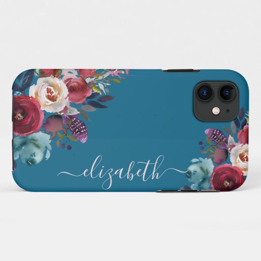 Chic Elegant Burgundy Pink Navy Blumenname Case-Mate iPhone Hülle (Rückseite (Horizontal))